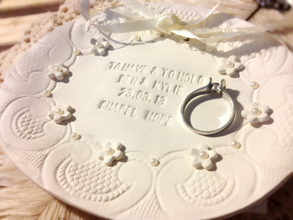 Custom - Grand Floral Classic Oval Wedding Ring Bowl With Lace & Pearl Embellishments Bridal Ring Holder Dish Handmade