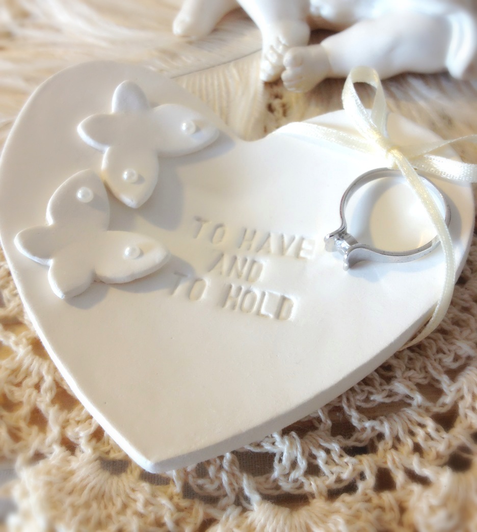 Custom- Classic Butterflies Heartshape Wedding Ring Bearer Bowl, Custom Ring Holder Handmade With Pearl Embellishments
