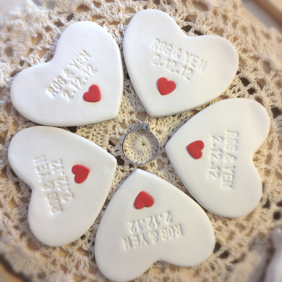 Custom- 5pc Wedding Favors Mini Heart Ornament Thank You Gift - Clay Heart Table Ornament Personalized
